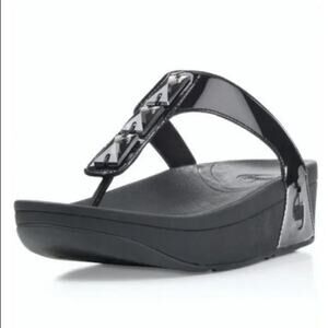 FitFlop Pietra Rhinestone Thong Sandal Slip On Soft Comfort Wedge Casual Black 9